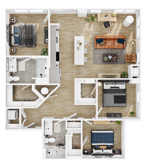 Floor plan for 3 beds, 2 baths, 1269 sqft
